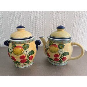 Panware Home Essentials Lemon & Cherry 6" Ceramic Pottery Teapot & Jar w lid